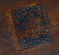 Close up Limbert signature brand.  "Limbert's Arts and Crafts...made in..Grand Rapids & Holland..."(Michigan) 